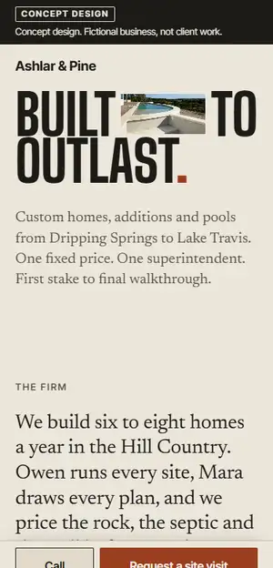 Phone view of the Ashlar & Pine Builders concept homepage, with Call and Request a site visit buttons fixed along the bottom of the screen.