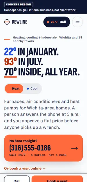 Phone view of the Dewline Heating & Air concept homepage, with a large orange call panel showing the phone number and a 24/7 call button in the header.