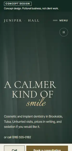 Phone view of the Juniper Hall Dental concept homepage, with Call and Book a consultation buttons fixed along the bottom of the screen.