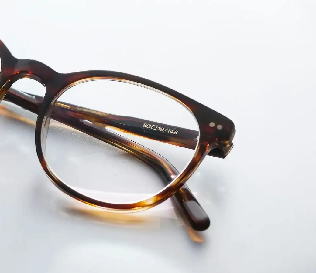 Inside of a tortoiseshell frame’s arm, printed 50, box, 19, slash 145 (stock photo)